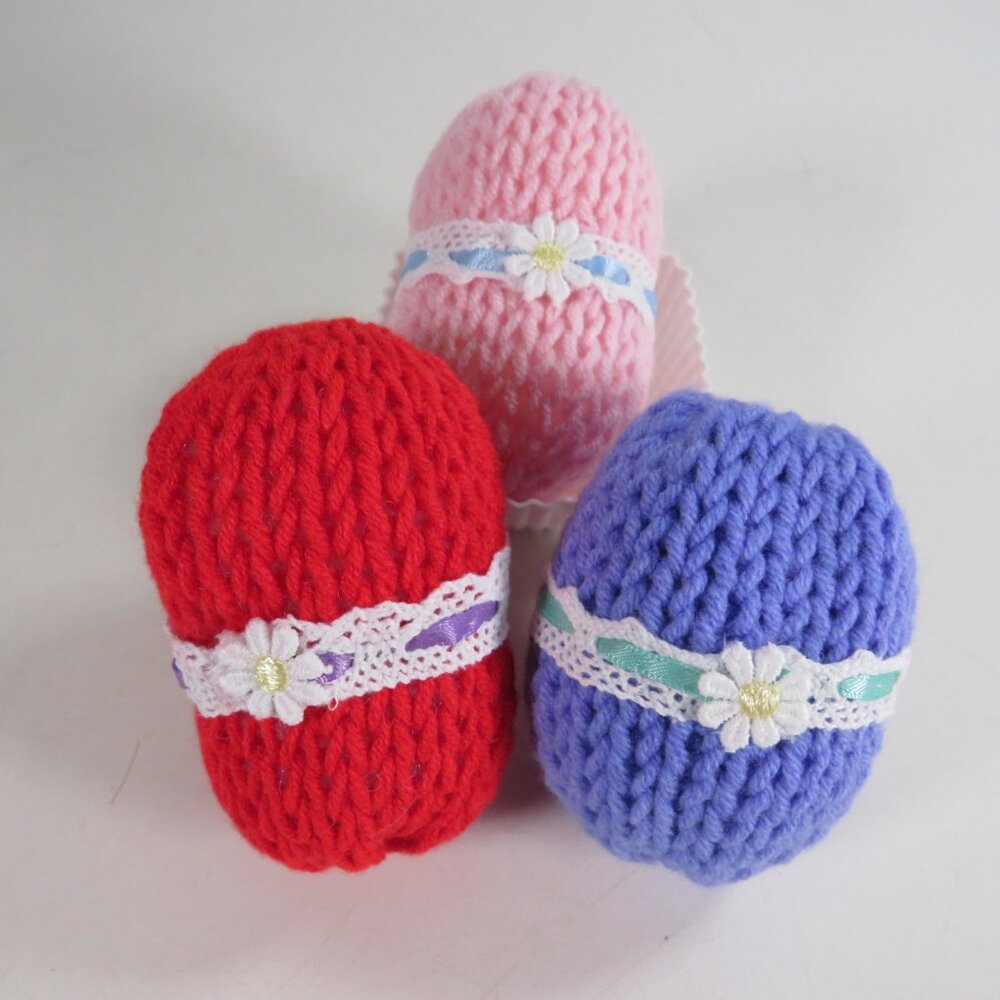 Hand Knit Easter Eggs with hand sewn accents (NO GLUE) all fabric items  Lace
